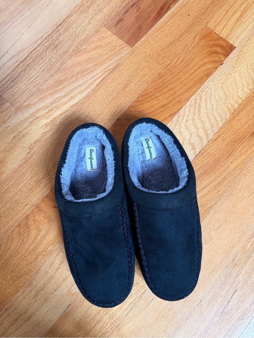 dearfoams Black Suede Moccasin Slippers with Gray Faux Fur Lining